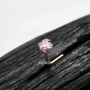 14 Karat Gold Prong Set Heart Sparkle L-Shaped Nose Ring - Pink Gem